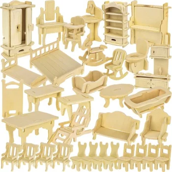 Kruzzel 00023542 Wooden Dollhouse Furniture Set, 34 pcs