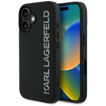 Karl Lagerfeld HC 3D Rubber Elongated Glitter iPhone 16 dėklas, juodas