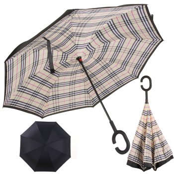 Sturdy Windproof Inverted Umbrella with C-Handle, Self-Standing, Plaid