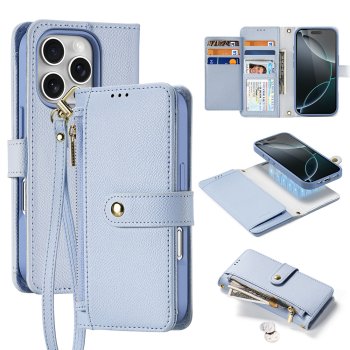 Dux Ducis Lawa Leather Phone Case Cover iPhone 16 Pro Max with Detachable Magnetic Wallet - Blue