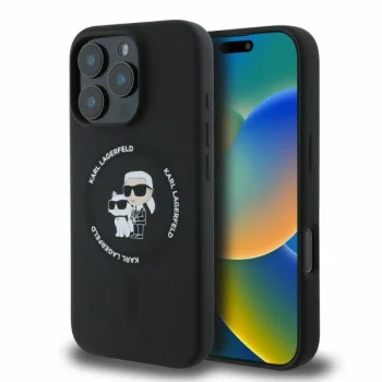 Karl Lagerfeld Silicone Karl&Choupette Heads Ring MagSafe Case for iPhone 16 Pro Max, Black