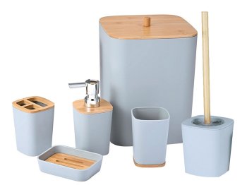 Bathroom Accessory Set, 6 Pieces, Grey/Bamboo