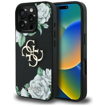 Guess Grained Roses Big 4G logo dėklas telefonui iPhone 16 Pro 6.3", juodas