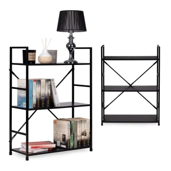Modernhome CWJ602480LG BLACK Wooden Shelf with Metal Frame, 3 Shelves, Black