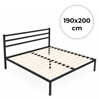 Metal Bed 190x200 cm with Slatted Frame and Headboard ModernHome, Black
