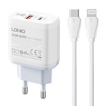 LDNIO A2421C Wall Charger 22.5W USB & Type C + Charging Data Cable ( Type C to Apple iPhone Lightning ) 3A, White