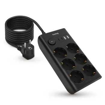 Huslog Flat Power Strip with 6 Sockets and 4 USB Ports, Black