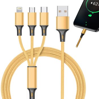 USB 3-in-1 phone cable with Lightning, micro USB, Type-C, 1.2m, gold