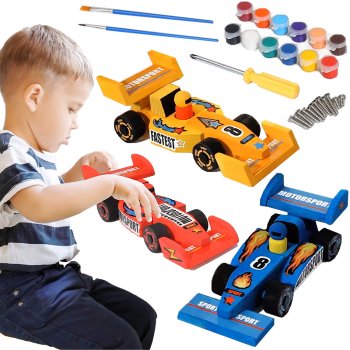 Wooden Formula 1 Race Car Building Kit, 3 Pack DIY Craft Set with Paints