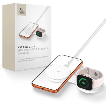 Tech-Protect A55 2in1 MagSafe 25W Qi2.2 Wireless Charger + USB-C Cable 100cm - White