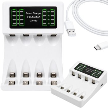 Maxday C704B3 AA/AAA Battery Charger, USB-C, LCD, White