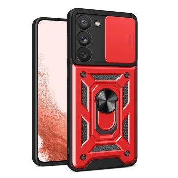 Dėklas Samsung Galaxy S23+ Hybrid Armor Camshield su kameros dangteliu, raudonas