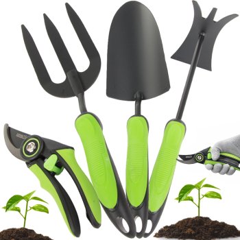 4-Piece Garden Tool Set Pruner Trowel Fork Hoe, Black-Green