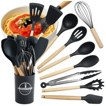 12-Piece Silicone Kitchen Utensil Set with Wooden Handles and Holder