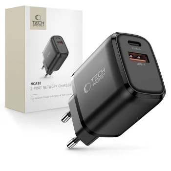 Tech-Protect NCA30 PD 30W / QC3.0 USB-A / USB-C Wall Charger - Black