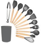 Kitchen Utensil Set, 12 Pieces, Wood and Silicone, Dark Grey