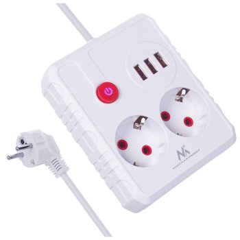 Maclean MCE387 W Power Strip, 2 Outlets, 3xUSB, 2500W, 1.5m, White