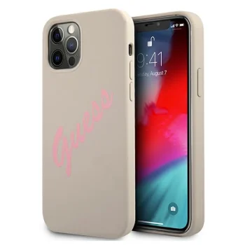Guess iPhone 12 Pro Max Case Silicone Vintage Script, Gray Pink