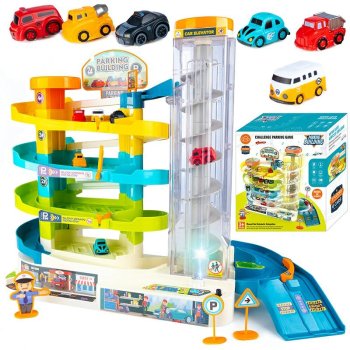 XL Multi-Level Toy Car Garage Playset with Spiral Elevator and 6 Cars
