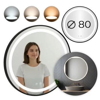 ModernHome Round LED Bathroom Mirror, 80 cm, 3 Light Colors, Anti-Fog