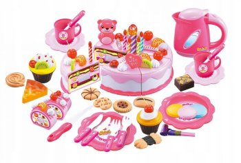 Toy Birthday Cake Cutting Play Food Set with LED Candle, 80 Pieces