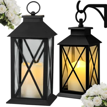 Dekoratyvinis LED žibintas su žvake su baterijomis, 28 x 14 x 14 cm, juodas