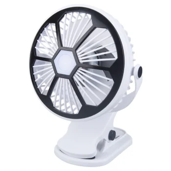 Desk Fan with Clip and LED Light, 3 Modes, Rechargeable, White/Black