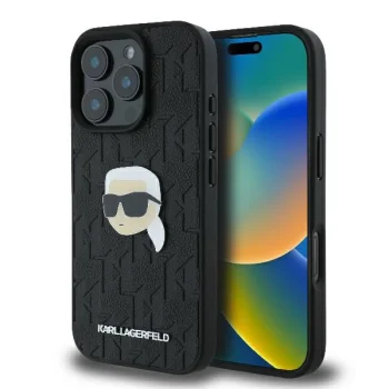 Apple iPhone 16 Pro 6.3" Karl Lagerfeld Monogram Karl Head Pin Case Cover, Black