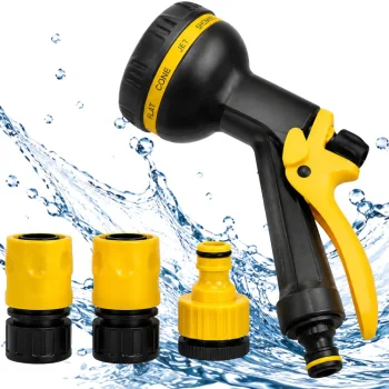 Garden Hose Spray Gun with 10 Modes and Connectors, Yellow/Black