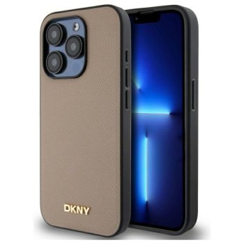 DKNY Grained Metal Logo MagSafe Case for iPhone 15 Pro, Beige