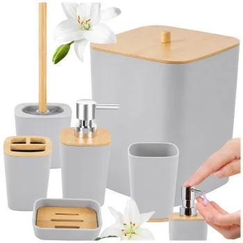 Bathroom Accessory Set, 6 Pieces, Grey/Bamboo