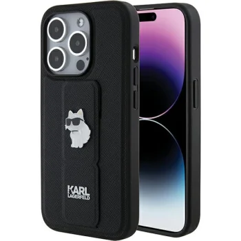 Karl Lagerfeld iPhone 15 Pro Max Case Gripstand Saffiano Choupette Pins, Black