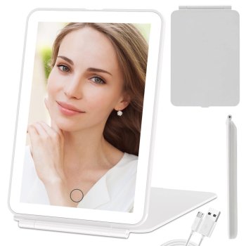 Folding LED Makeup Mirror with Adjustable Light, Rechargeable, White