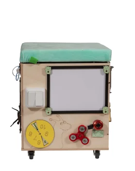 Educational Toy Wooden Manipulation Sensory Cube-Pouf on Wheels with Storage Space Busy Board