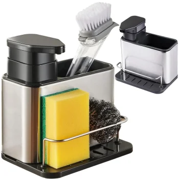 Kitchen Sink Organizer with Soap Dispenser and Sponge Holder, 340ml, Silver/Black