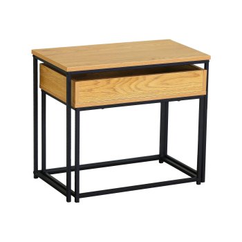 Nesting Coffee Table Set of 2 with Metal Frame, Natural Wood