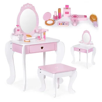 Ecotoys Large Kids Vanity Table with Mirror, Stool and 7 Accessories