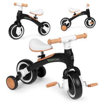 ECOTOYS 3-in-1 Toddler Balance Bike with Pedals and Training Wheels, Black