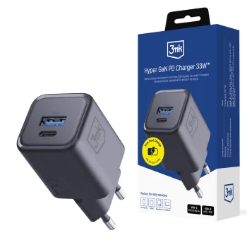 3mk Hyper GaN PD 33W Wall Charger, USB-C/USB-A, Black