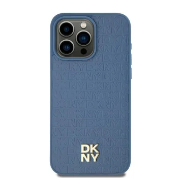DKNY iPhone 15 / 14 / 13 Case Leather Monogram Metal Logo MagSafe, Blue