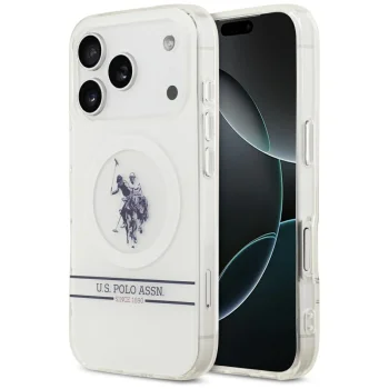 U.S. Polo Assn. iPhone 17 Pro Case DH and Bottom Stripe Logo MagSafe, White