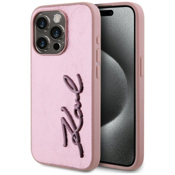 Karl Lagerfeld Wrinkled Metal Signature Case for iPhone 15 Pro, Pink