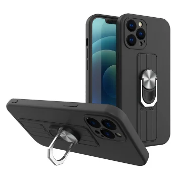 Silikoninis dėklas su žiedu ir stovu, skirtas iPhone 13 mini, juodas