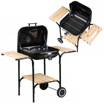 Large Charcoal Grill with Lid, Adjustable Grate, and Wooden Shelves MultiGarden