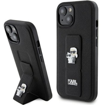 Karl Lagerfeld iPhone 15 Case Gripstand Saffiano Karl&Choupette Pins, Black