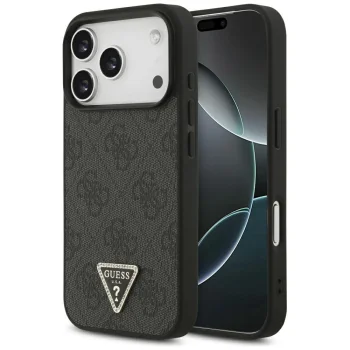 Guess iPhone 17 Pro Case Leather 4G Triangle Strass MagSafe, Black