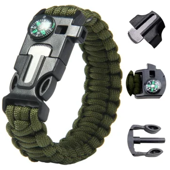 5-in-1 Survival Bracelet with Compass, Flint and Whistle, Green