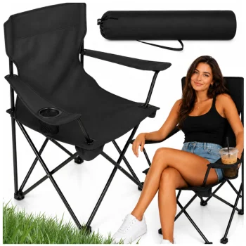 Folding Camping Chair with Armrests and Cup Holder, Black