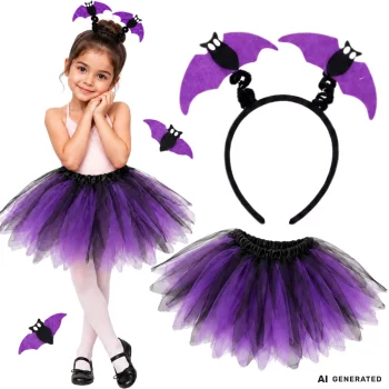 Kids Halloween Costume, Bat Skirt and Headband, Black/Purple