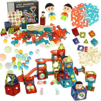 Magnetic Building Blocks with Glowing Marble Run, 202 Pieces